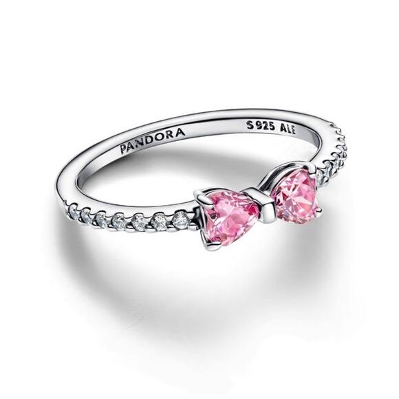 Pandora Sparkling Pink Bow Ring Sterling Silver w/ Pink CZ Stones Size 9 NEW - Picture 1 of 14